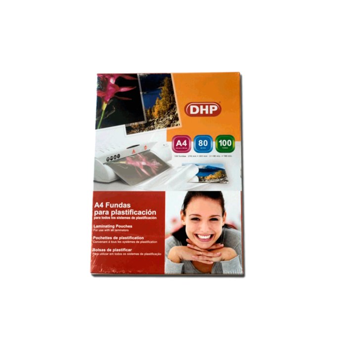 FUNDA PLASTIFICAR A4 DHP 80 MICRAS 216X303MM C/100 BRILLO | 100 UNIDADES | (DHP COMERPA SLU) Imagen principal del producto