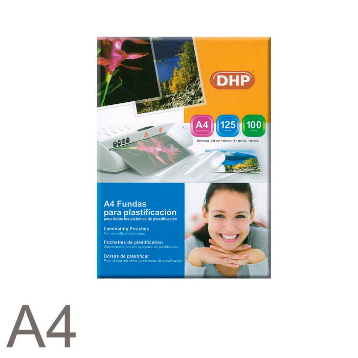 FUNDA PLASTIFICAR A4 DHP 125 MICRAS 216X303 100 UNID BRILLO | 100 UNIDADES | (DHP COMERPA SLU) Imagen principal del producto