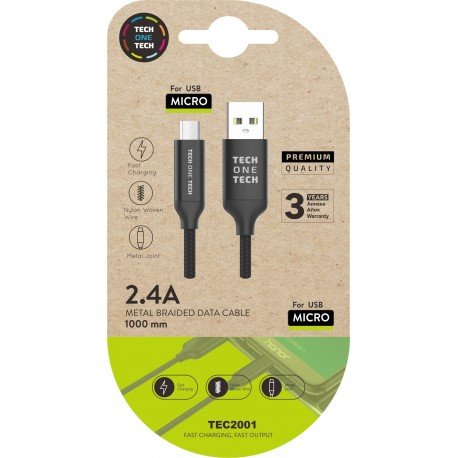 Cable Negro Braided Nylon Micro USB Alto Rendimiento 1 m TECH ONE TECH