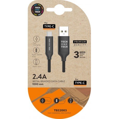 Cable negro braided nylon tipo USB-C alto rendimiento 1 m TECH ONE TECH