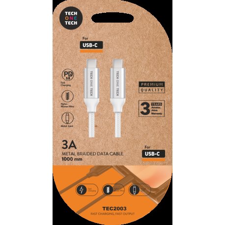 Cable Usb-C a Usb-C Braided Nylon 1M Blanco TECH ONE TECH