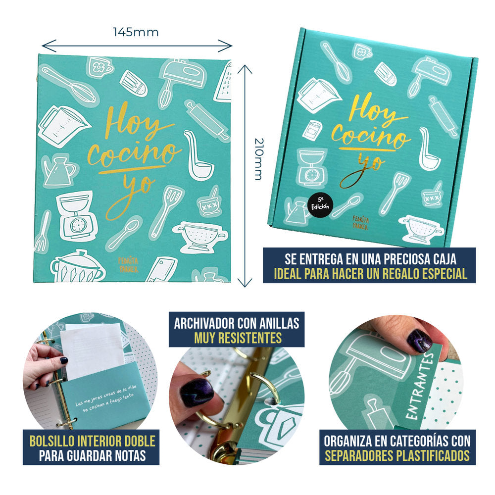 RECETARIO ARCHIVADOR TURQUESA | Caja regalo con separadores y hojas para recetas - PEDRITA PARKER