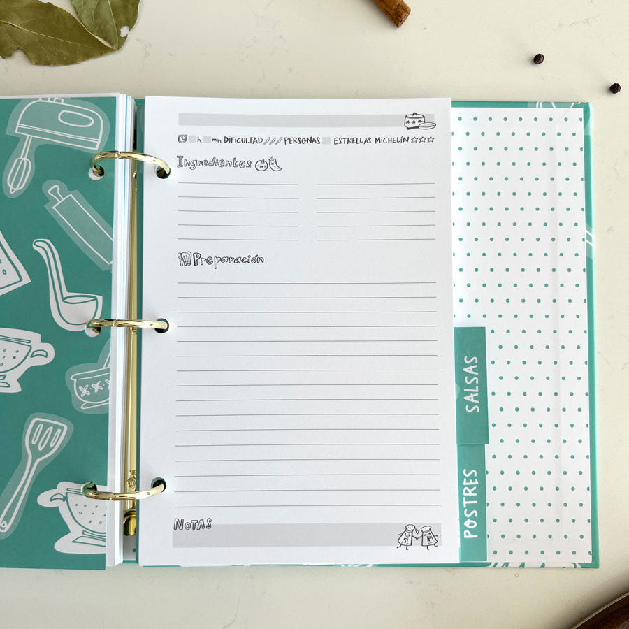 RECETARIO ARCHIVADOR TURQUESA | Caja regalo con separadores y hojas para recetas - PEDRITA PARKER