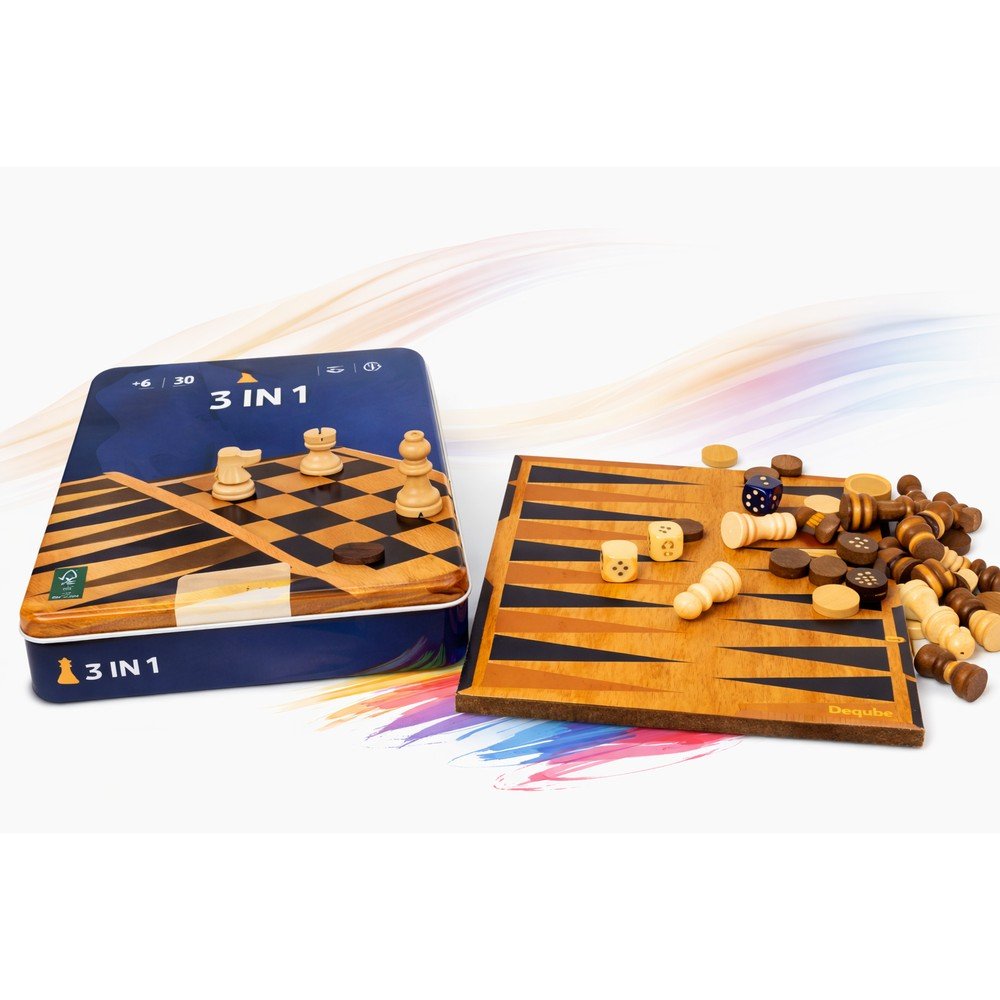 Set Ajedrez y Damas Backgammon Metal Box 3 en 1 DEQUBE