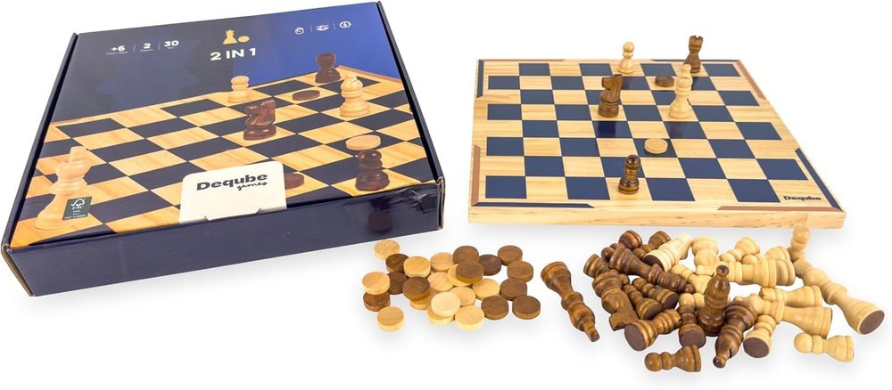 Juego de Mesa Ajedrez Damas Madera Dos en Uno Marca Deqube