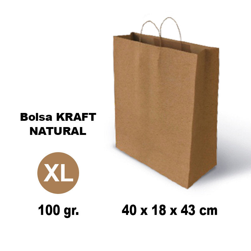 Bolsa Kraft XL Asa Rizada Marrón Kraft 40x18x43 100 g GRAFOPLAS Pack 25 unidades Imagen principal del producto