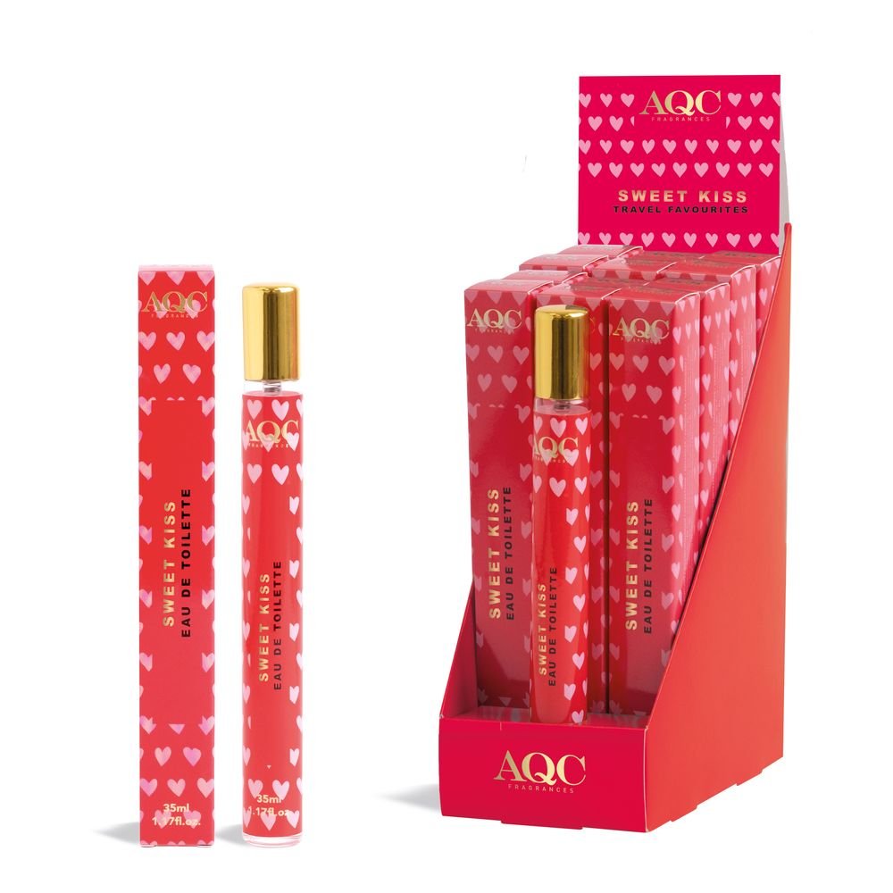 Expositor 12 Fragancia 35ml Sweet Beso Kiss Amaderado Suave AQC Fragrances