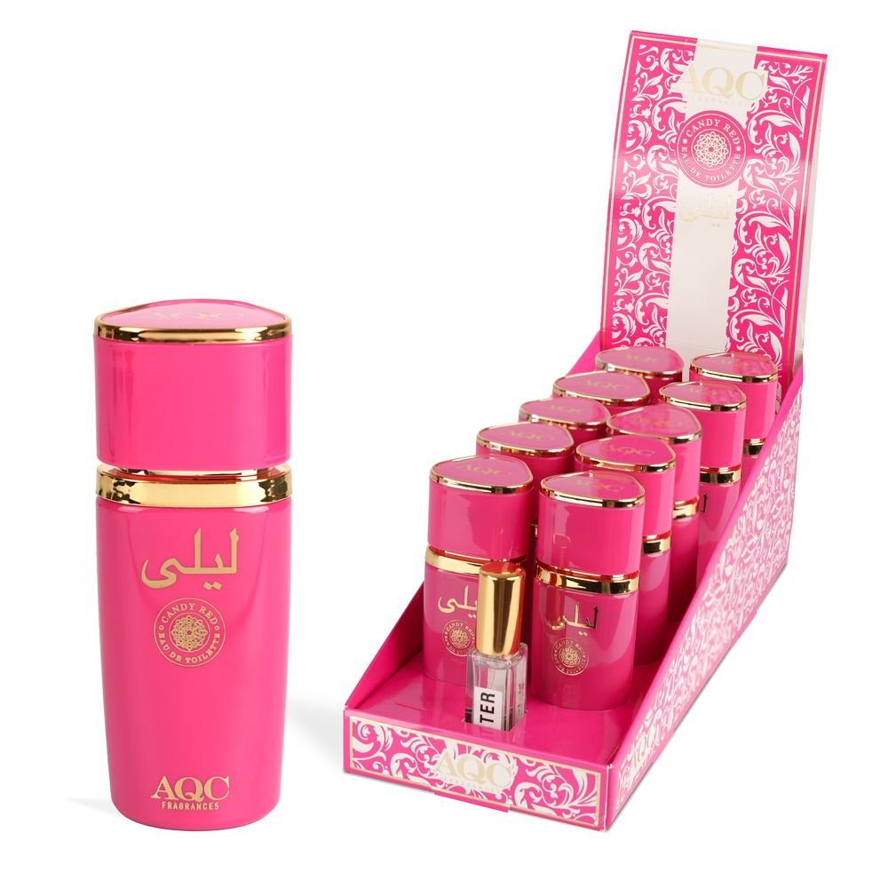 Expositor 10 Fragancia Arabe Leila Candy Red 60 ml AQC Fragrances