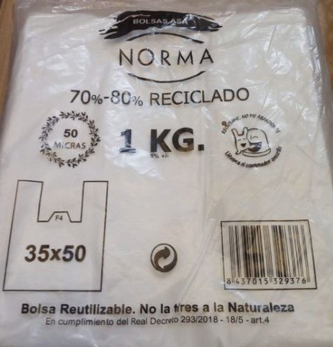 BOLSA CAMISETA 35X50 70%/80% RECICLADO 1 KG 65 UNIDADES APR | 1 UNIDADES | (RUEDA LOZANO JESUS) Imagen principal del producto