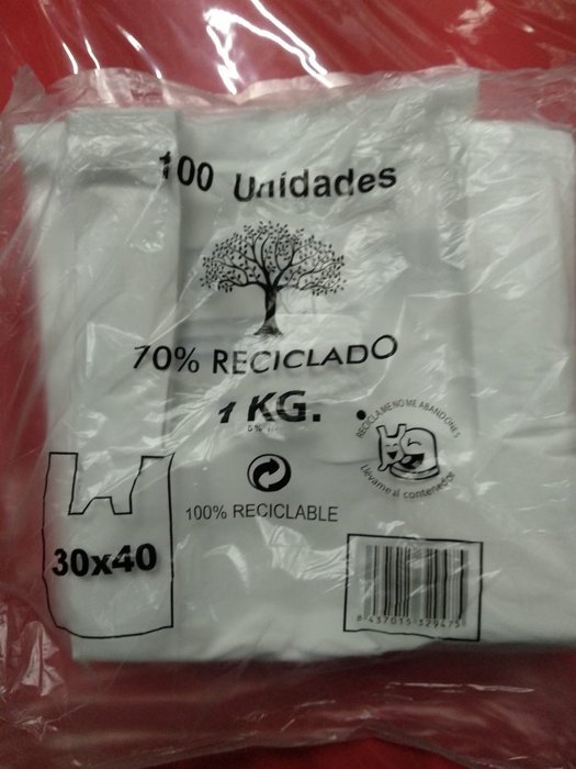 BOLSA CAMISETA 30X40 70% RECICLADO 1 KG 100 UNIDADES APROX, | 1 UNIDADES | (RUEDA LOZANO JESUS) Imagen principal del producto