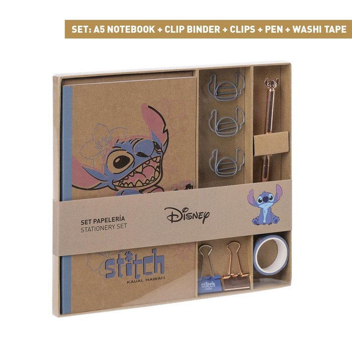 Set Papelería Stitch Cuaderno A5+ Clips, Pen y Washi Tape Marca Cerda Regalo