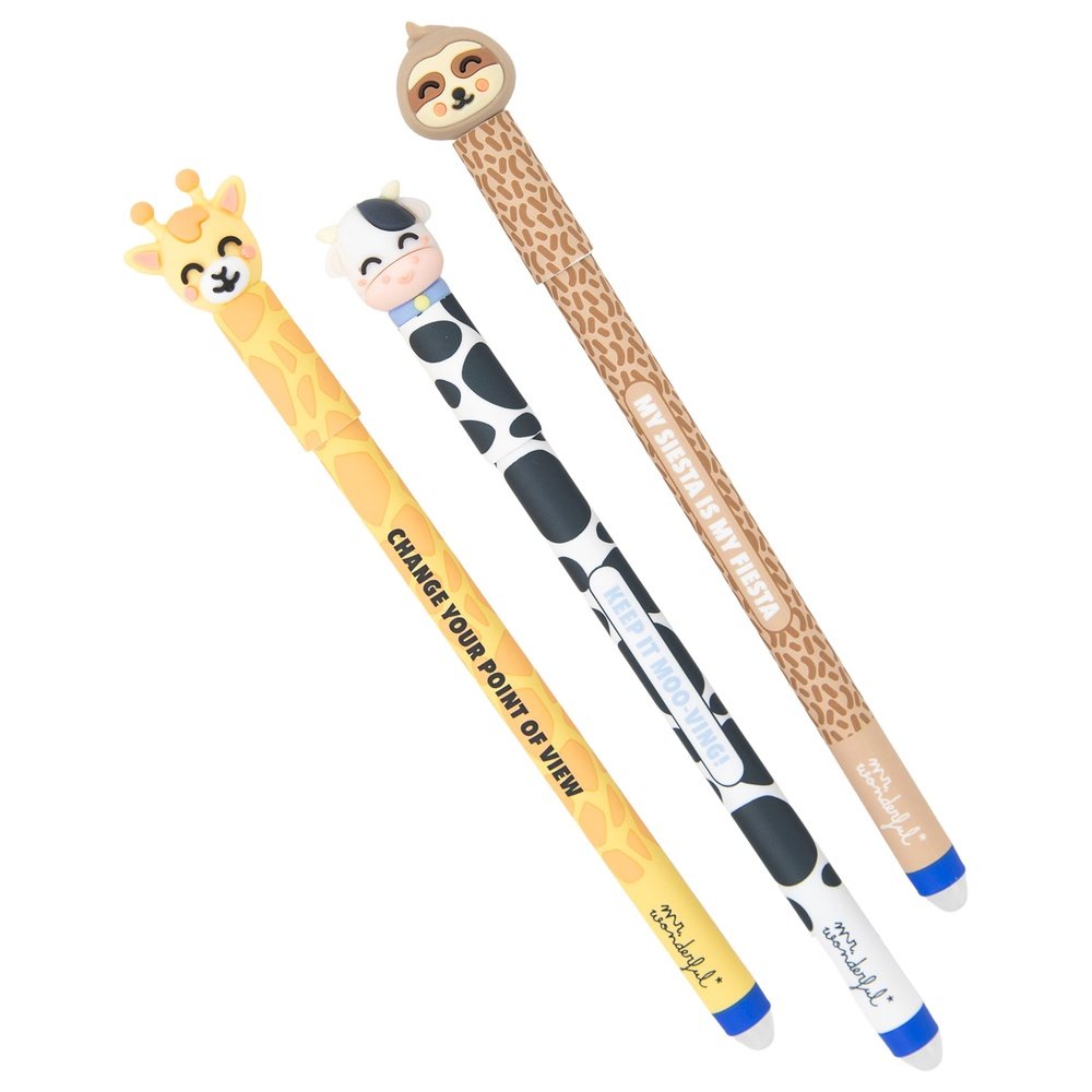 Set de 3 bolígrafos borrables Bo-bo Giraffe Cow and Sloth MR Wonderful Imagen principal del producto
