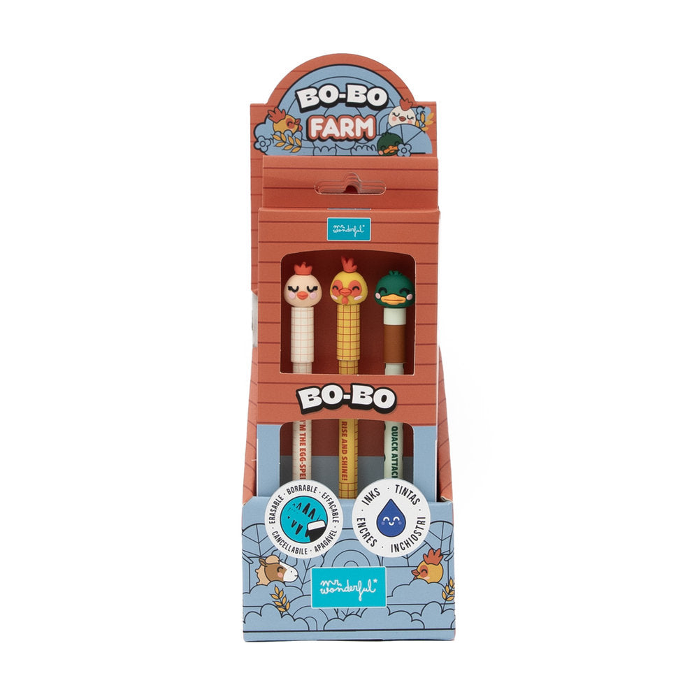 Set de 3 bolis borrables Bo-bo Granja Gallina Gallo y Pato MR Wonderful