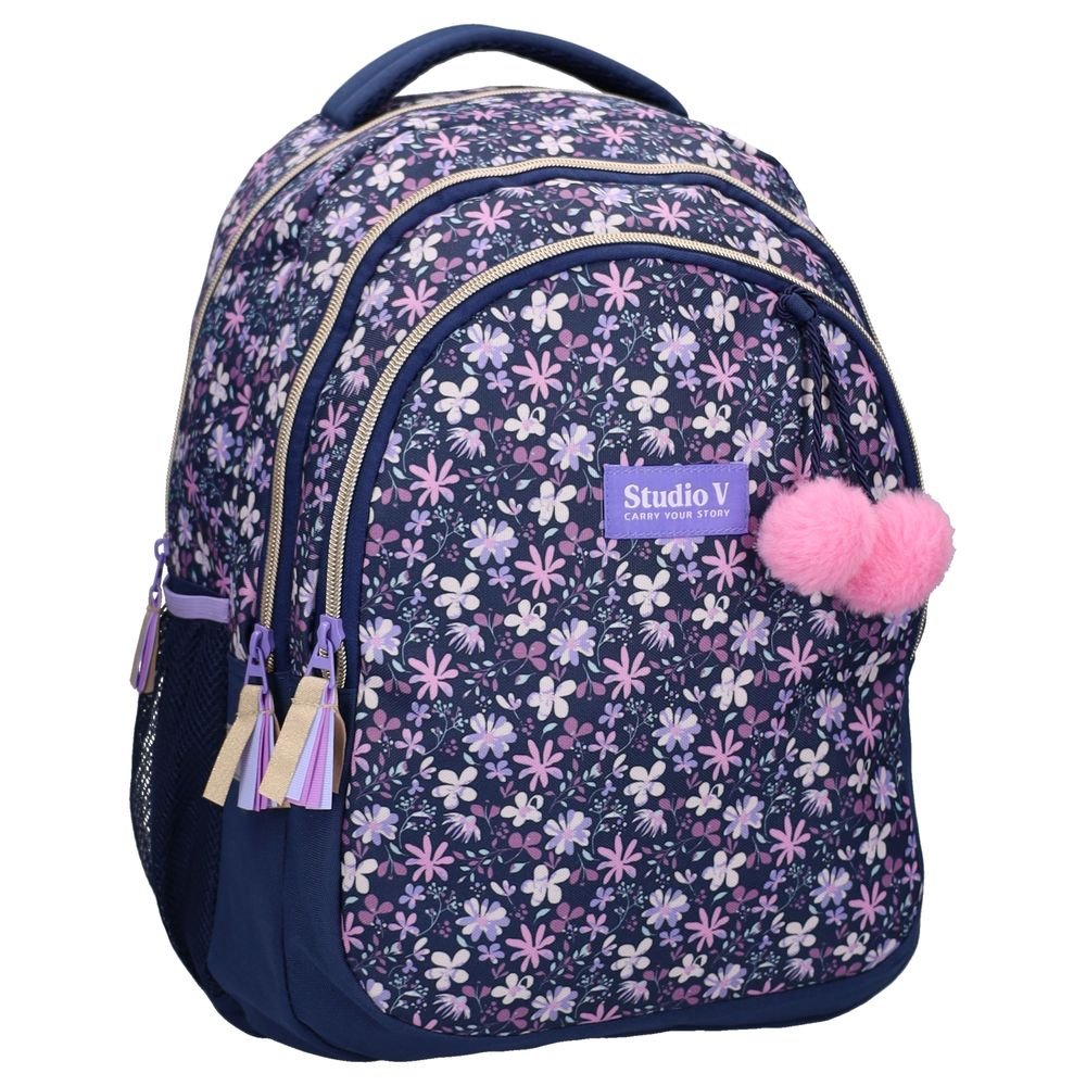 Mochila escolar doble Flower Bomb azul con pompon VADOBAG