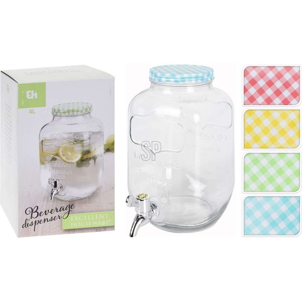 Dispensador de Bebidas de Cristal 4 Litros Colores Surtidos Koopman