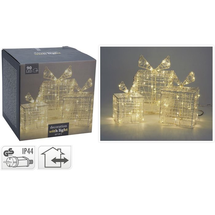 DECORACION LUMINOSA SET 3 REGALOS ACRILICO 90LED | KOOPMAN CHRISTMAS | 1 UNIDAD | 8719202613247