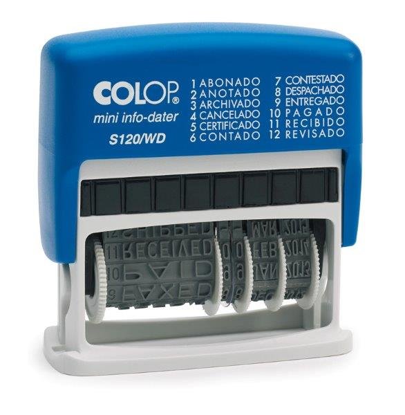MINI SELLO FORMULARIO+FECHA 4MM S 120/WD ESPAÑOL AZUL/AZUL | 1 UNIDADES | (COLOP ESPAÑA S,L,)