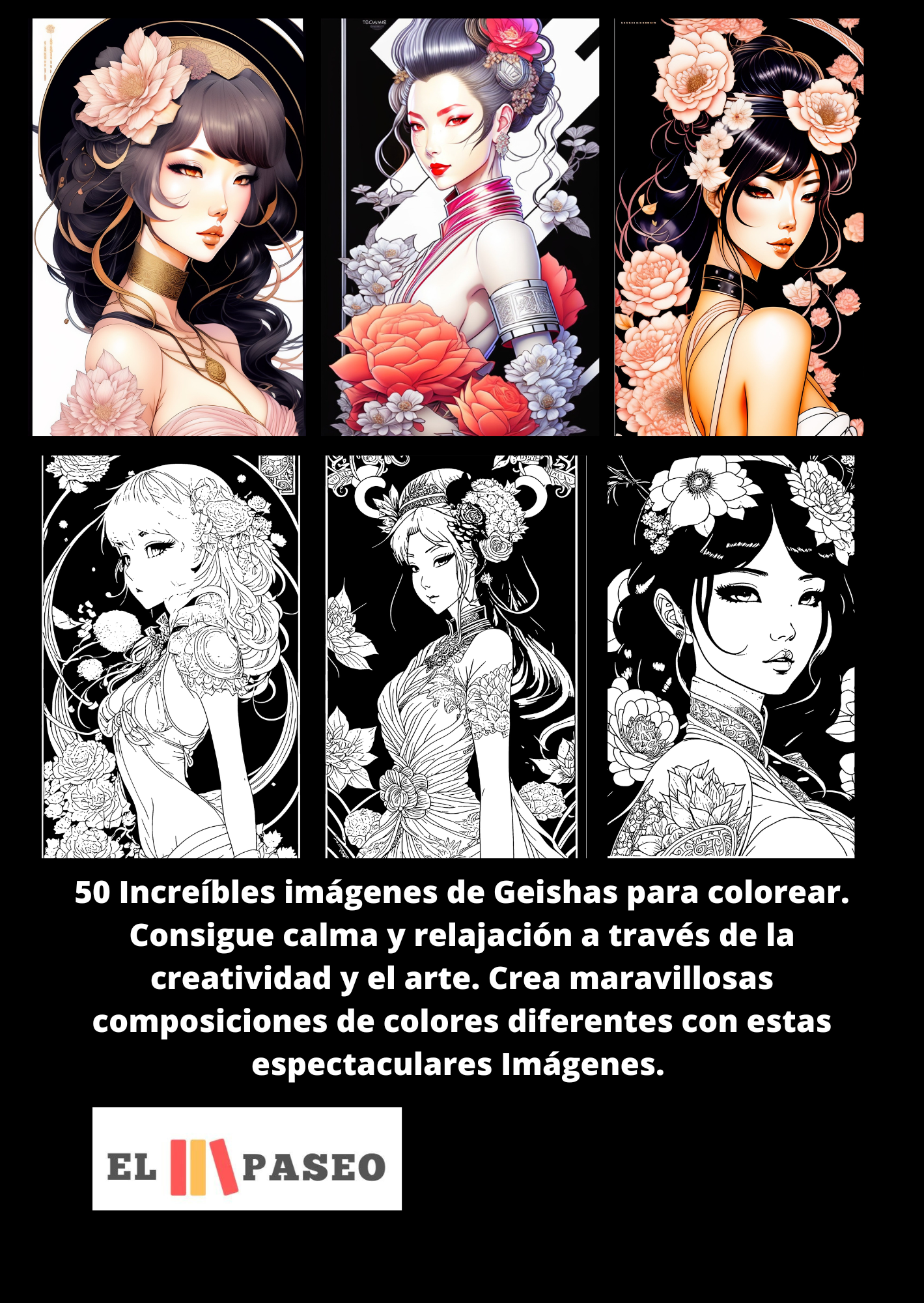 ✅ GEISHAS: Libro de Colorear para Adultos con Dibujos de Geishas estilo Manga y Anime Imagen secundaria del producto