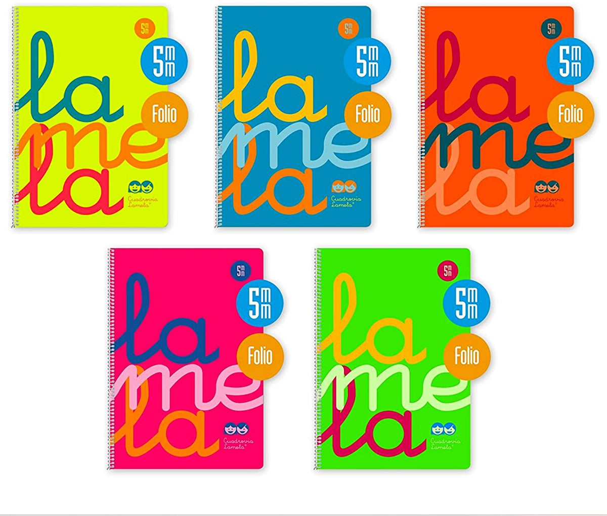 Bloc Lamela Fº fluor, espiral PP 80 hojas Cuadrícula 5mm 90g Pack 5 cuadernos - 8412855116836