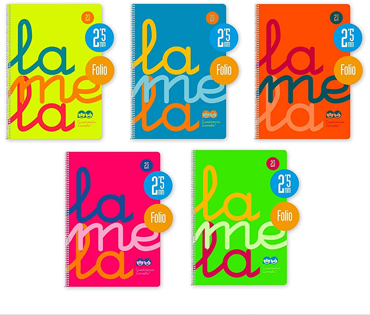 Bloc Lamela Fº fluor, espiral PP 80 hojas Cuadrícula 2,5 90g, pack de 5 cuadernos - 	8412855816828