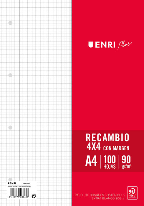 ✅ RECAMBIO FOLIO 100H 4 TALADROS CUADRO 4MM 90G ENRI