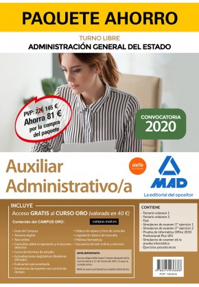 226 €  145,00 € IVA incluido Guardar para más tarde Mapa de librerías Paquete Ahorro Auxiliar Administrativo de la Administración General del Estado (turno libre)